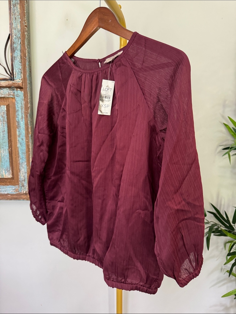 LOFT Burgundy Peasant Blouse elastic waist and cuffs NEW XSP - Picture 3 of 13